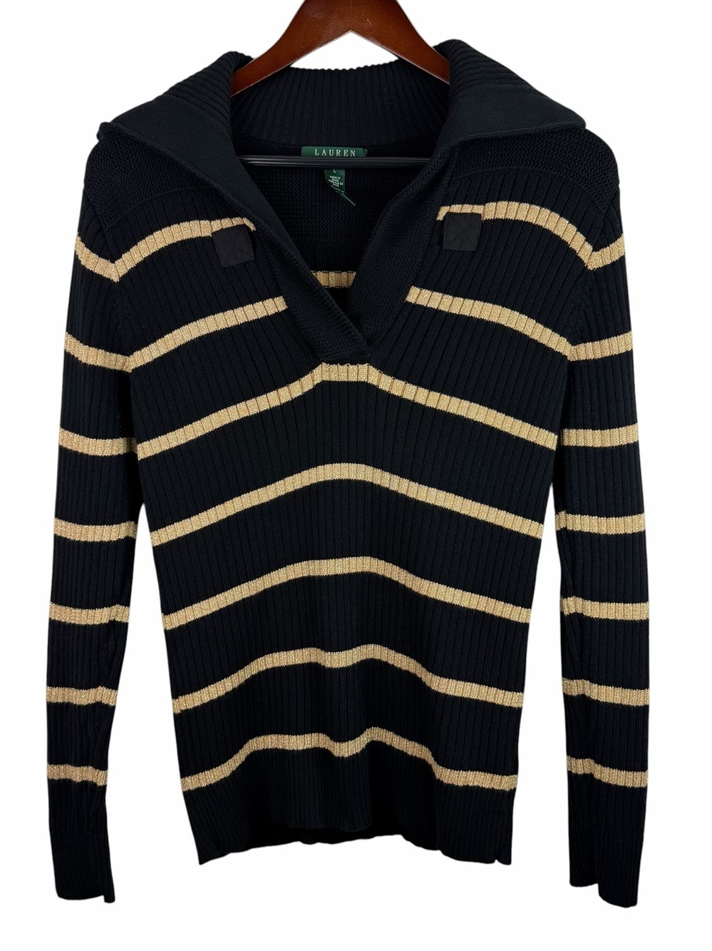 Lauren Ralph Lauren | Black Gold Metallic Stripe Collared Sweater
